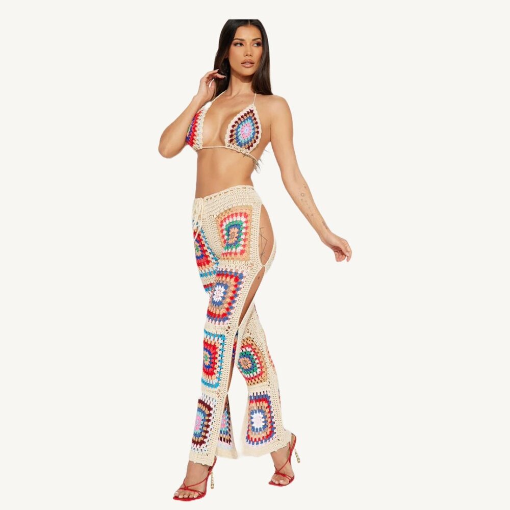 Fashion Nova Aubree Colourful Crochet Pant Set with Leg Slits Size Small